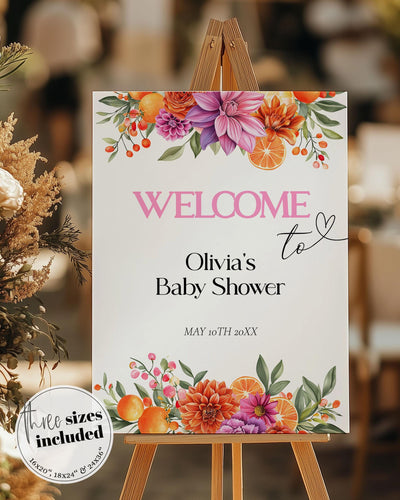 Bright Florals Pink Orange Welcome Sign for Citrus Baby in Bloom Baby Shower Garden Party Bridal Shower Floral Summer Party Decoration #072 - TheLovebirdsDesign