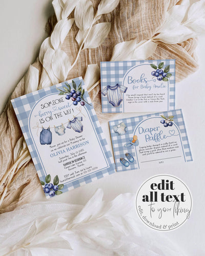 Berry Sweet Baby Shower Invitation Boy Blueberry Baby on the Way Gingham Clothes Line Printable Blue Berry Baby Shower Invite Template #068 - TheLovebirdsDesign