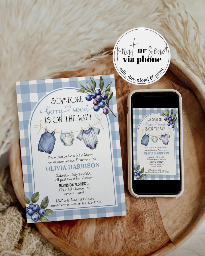 Berry Sweet Baby Shower Invitation Boy Blueberry Baby on the Way Gingham Clothes Line Printable Blue Berry Baby Shower Invite Template #068 - TheLovebirdsDesign