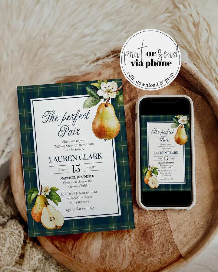 The Perfect Pair" Pear Bridal Shower Invitation Editable Vintage Classic Bridal Brunch Invite Template Luxurious Cottagecore Fall Theme #068 - TheLovebirdsDesign