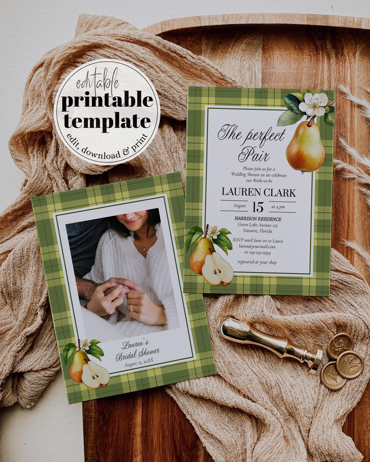 The Perfect Pair" Pear Bridal Shower Invitation Editable Vintage Classic Bridal Brunch Invite Template Luxurious Cottagecore Fall Theme #068 - TheLovebirdsDesign