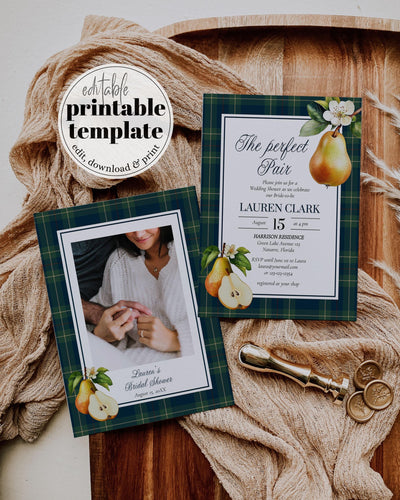 The Perfect Pair" Pear Bridal Shower Invitation Editable Vintage Classic Bridal Brunch Invite Template Luxurious Cottagecore Fall Theme #068 - TheLovebirdsDesign