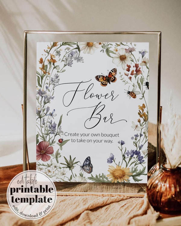 Flower Bar Sign for Wildflower Bridal Shower or Little Love Bug Baby Shower Vintage Floral Butterfly Design Cottagecore Keepsake Favor #072 - TheLovebirdsDesign
