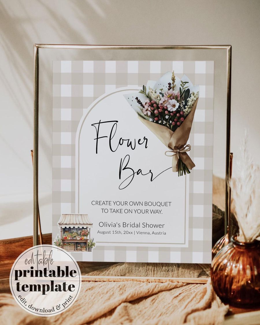 Flower Bar Sign for "She's of the Market" Bridal Shower Gingham Background Cottagecore Floral Keepsake Decor Sign Printable Template #068 - marryful.org