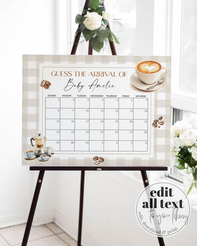 Coffee Bean Baby Shower Guess Due Date Game Sign Gender Neutral Baby Arrival Decor Sign Printable Cafe Bebe Baby Shower Game Template #068 - TheLovebirdsDesign