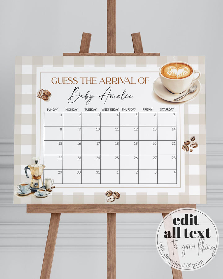Coffee Bean Baby Shower Guess Due Date Game Sign Gender Neutral Baby Arrival Decor Sign Printable Cafe Bebe Baby Shower Game Template #068 - TheLovebirdsDesign