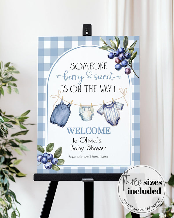Berry Sweet Baby Shower Welcome Sign Boy Blueberry Baby Brunch Gingham Clothes Line Printable Blue Berry Decorations Template Sign #068 - TheLovebirdsDesign