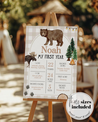 Beary First Birthday Milestone Board One Happy Camper My First Year Milestone Sign Template Lumberjack Party Decor Woodland Grizzly Elk #068 - TheLovebirdsDesign
