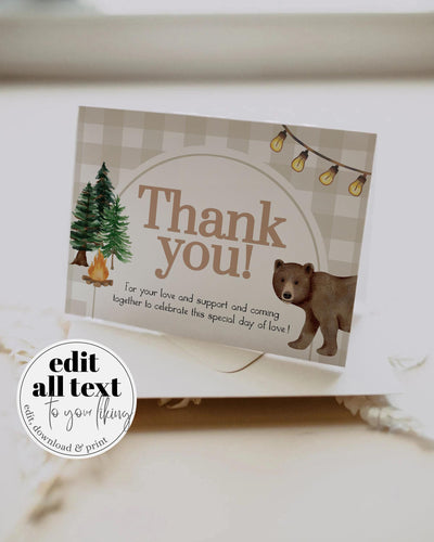 Beary First Birthday Thank You Card One Happy Camper Lumberjack 1st Birthday Thank you Note Woodland Grizzly Bear Partie Decor Template #068 - TheLovebirdsDesign