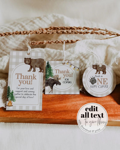 Woodland Bear Guest Favor Tags Beary First Birthday Thank you Label One Happy Camper Lumberjack 1st Bday Party Decor Gift Bag Sticker #068 - TheLovebirdsDesign