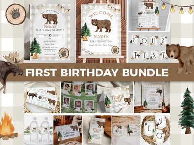 Beary First Birthday Bundle Woodland Bear Invitation Suite Boys One Happy Camper 1st Birthday Party Templates Lumberjack Grizzly Bear #068 - TheLovebirdsDesign