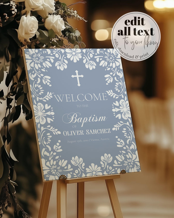 Blue Cielito Lindo Baptism Welcome Sign Template Papel Picado Mexican Themed Bautizo Celebracion Vintage Baptism Decorations for Boys #067 - TheLovebirdsDesign