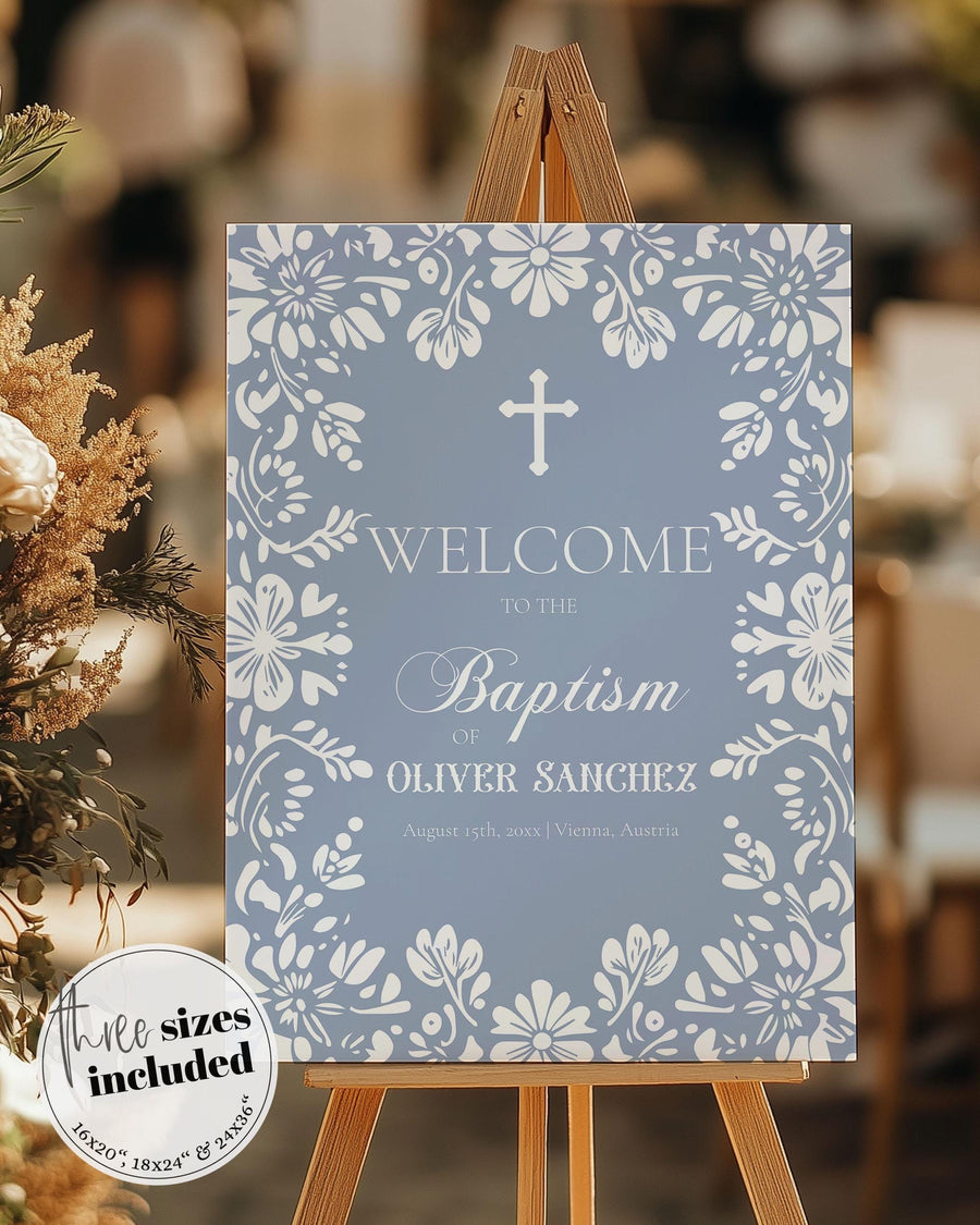 Cielito Lindo Baptism Welcome Sign Template, Blue Mexican Talavera Papel Picado Decor 001BL-WLCM - marryful.org