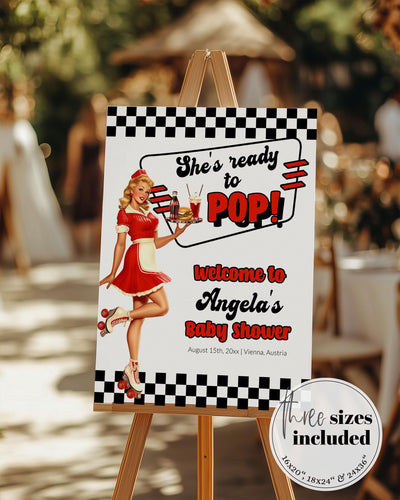 Soda Shop Baby Shower Welcome Sign She's ready to POP Retro Summer Baby Shower Decorations Sign Template Cherry Cola Themed Party #081 - TheLovebirdsDesign