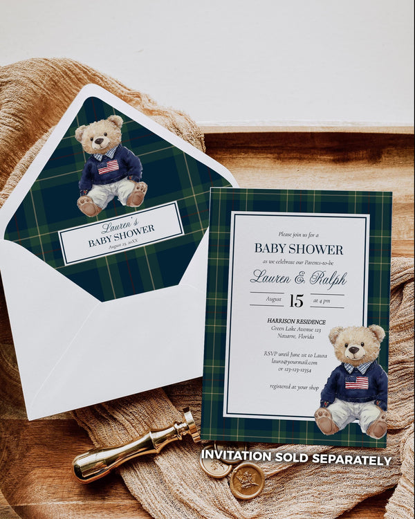 Classic Luxury Ralph Polo Baby Shower Envelope Liners for Boys Bear Baby Shower Envelope Template Teddy Bear Plaid Elegant Theme #068 - TheLovebirdsDesign