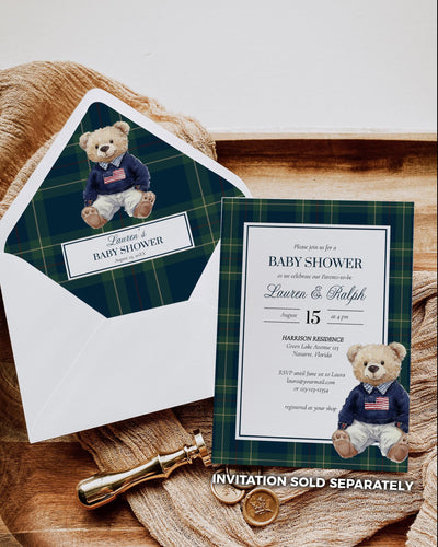 Classic Luxury Ralph Polo Baby Shower Envelope Liners for Boys Bear Baby Shower Envelope Template Teddy Bear Plaid Elegant Theme #068 - TheLovebirdsDesign
