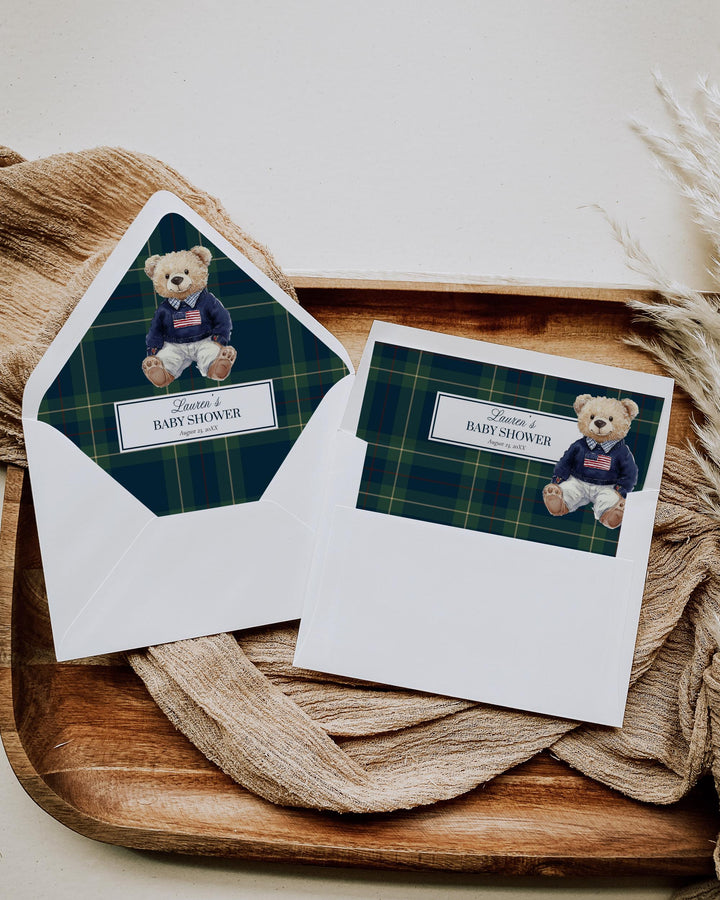 Classic Luxury Ralph Polo Baby Shower Envelope Liners for Boys Bear Baby Shower Envelope Template Teddy Bear Plaid Elegant Theme #068 - TheLovebirdsDesign