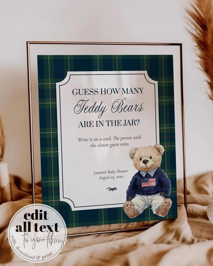 Guess how many Classic Luxury Polo Baby Shower Guessing Game How many Teddy Bears are in the Jar for Boys Bear Baby Shower Template #068 - TheLovebirdsDesign