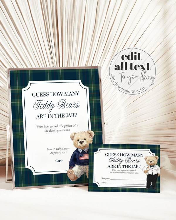 Guess how many Classic Luxury Polo Baby Shower Guessing Game How many Teddy Bears are in the Jar for Boys Bear Baby Shower Template #068 - TheLovebirdsDesign