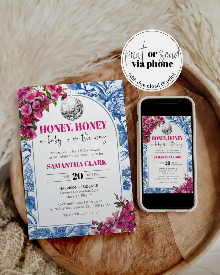 Dancing Queen Baby Shower Invite Honey Honey Disco Baby Shower Suite Printable Mediterranean Greek Mama Pink Floral Invitation Template #072 - TheLovebirdsDesign