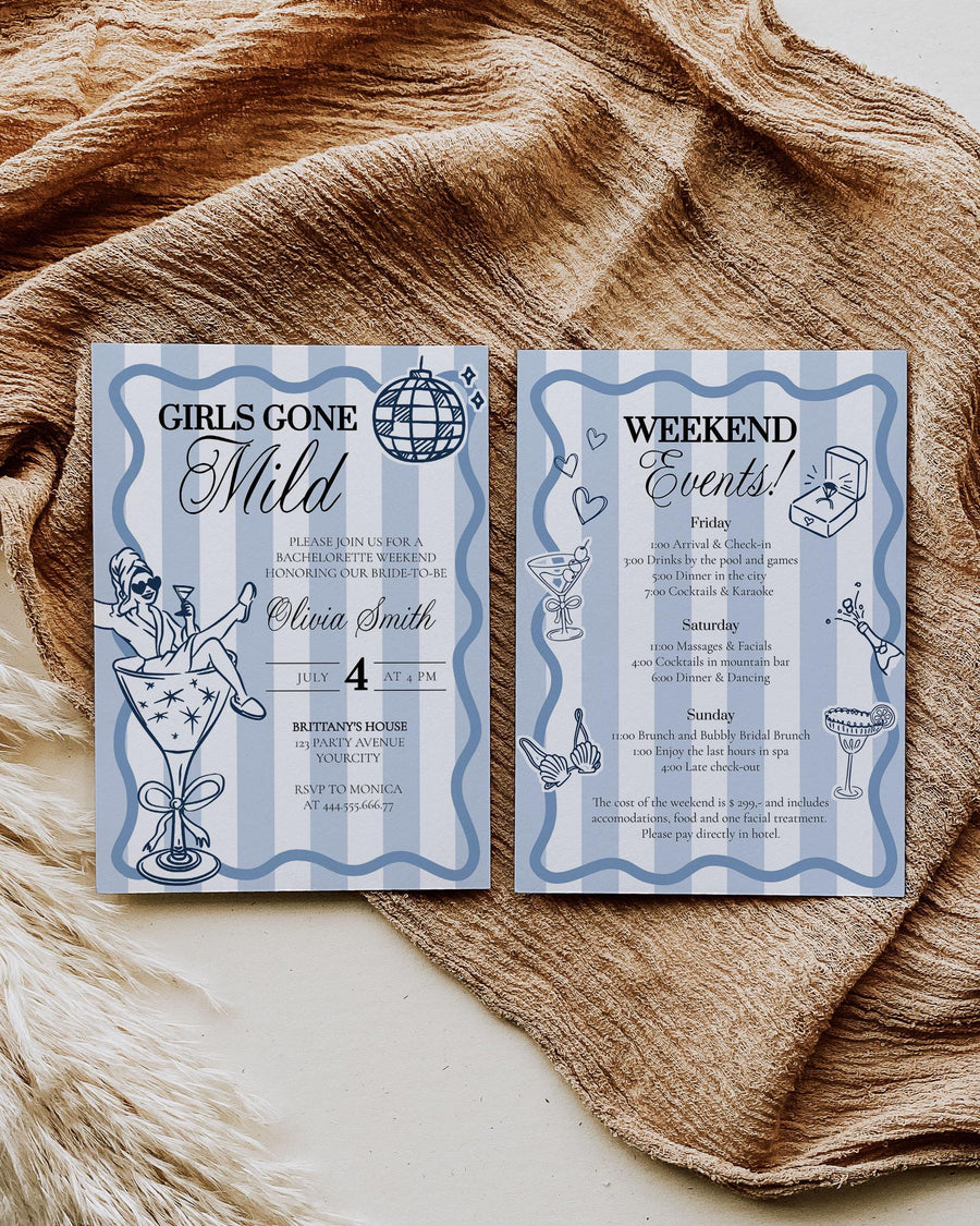 Blue Girls gone mild Bachelorette Itinerary Pajama Party Invitation Girls Spa Weekend Trip Invite Slumber Party Sleepover Template #076 - marryful.org