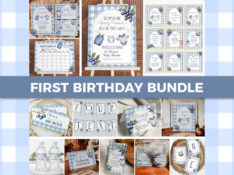 Berry Sweet Blueberry Baby Shower Template Bundle, Blue Gingham Boy Invite and Decor 003BB-BSBUNDLE - marryful.org