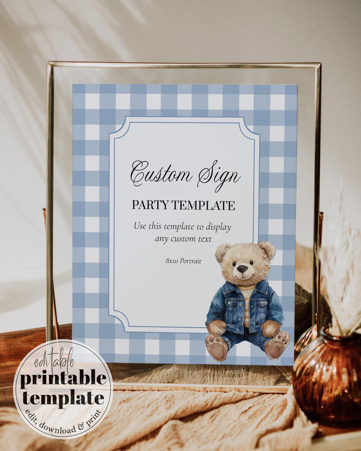 Blue Jeans Teddy Bear Baby Shower Custom Sign for Boys Printable Vintage Classic Polo Teddy Bear Denim Party Decor Sign Template #068 - TheLovebirdsDesign
