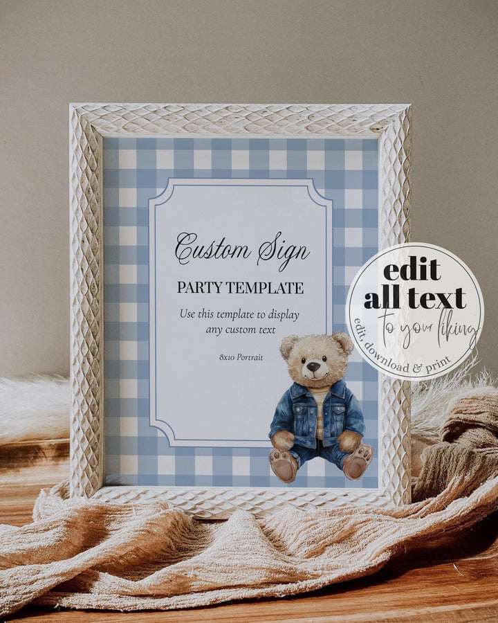 Blue Jeans Teddy Bear Baby Shower Custom Sign for Boys Printable Vintage Classic Polo Teddy Bear Denim Party Decor Sign Template #068 - TheLovebirdsDesign