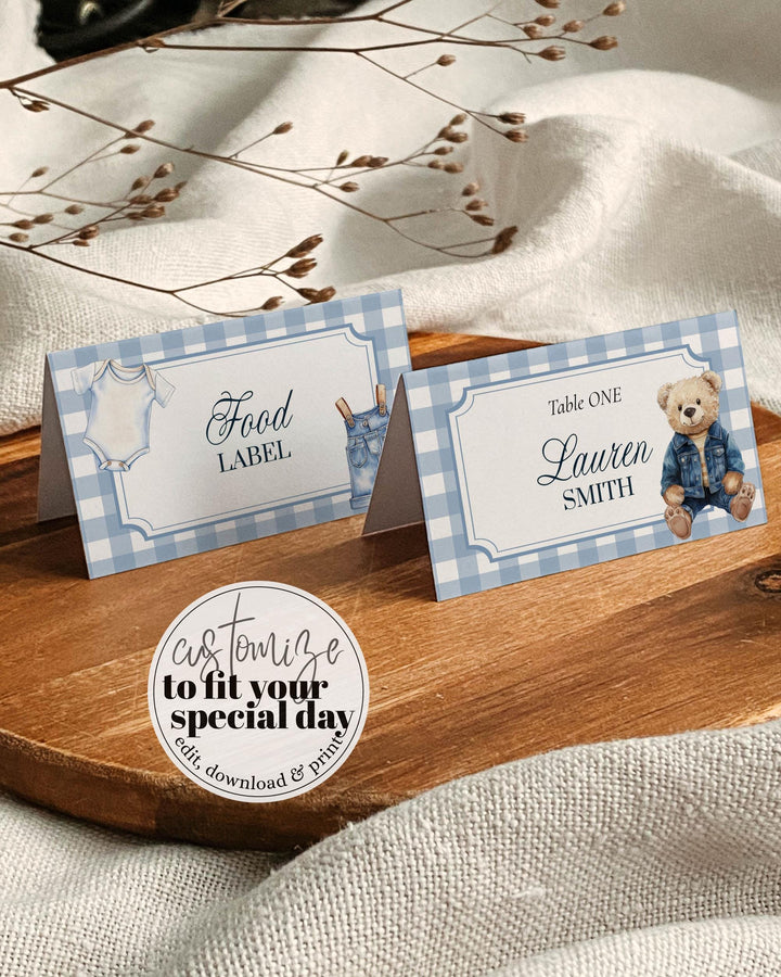Blue Jeans Teddy Bear Place Cards Boys Printable Vintage Classic Polo Teddy Bear Denim Baby Shower Decor Food Label Template #068 - TheLovebirdsDesign