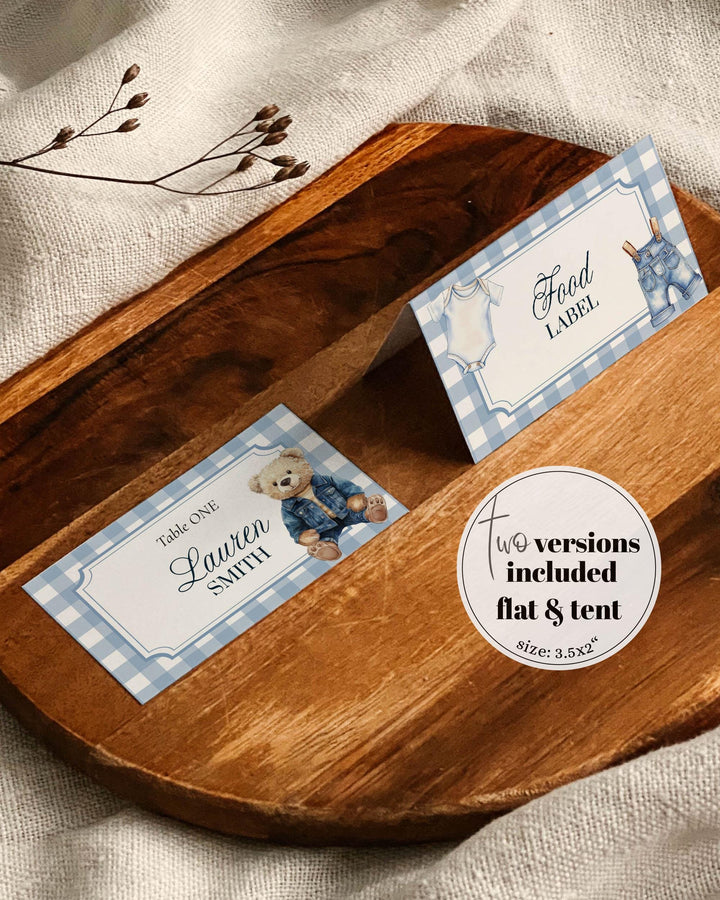 Blue Jeans Teddy Bear Place Cards Boys Printable Vintage Classic Polo Teddy Bear Denim Baby Shower Decor Food Label Template #068 - TheLovebirdsDesign
