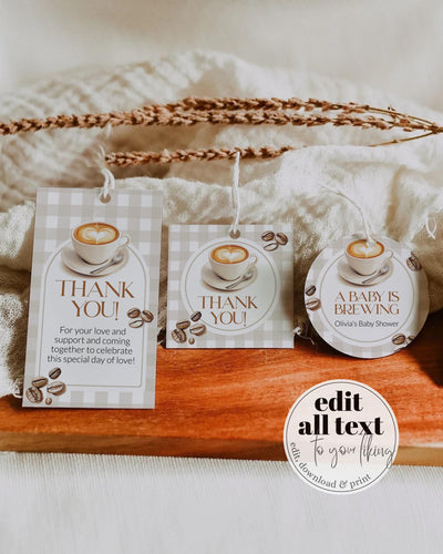 Coffee Bean Gift Tags Label Sticker Template A Baby is Brewing Party Decor Favor Tags Cafe Bebe Baby Sprinkle Editable Printable #068 - TheLovebirdsDesign