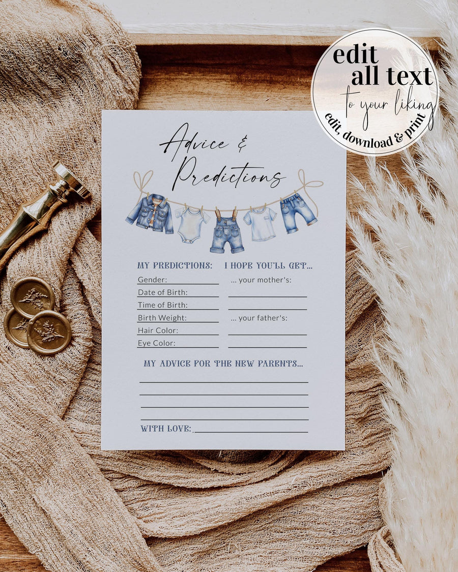 Blue Jean Baby Shower Games Advice Card Template, Denim Advice and Predictions 013BJ-GAME - marryful.org