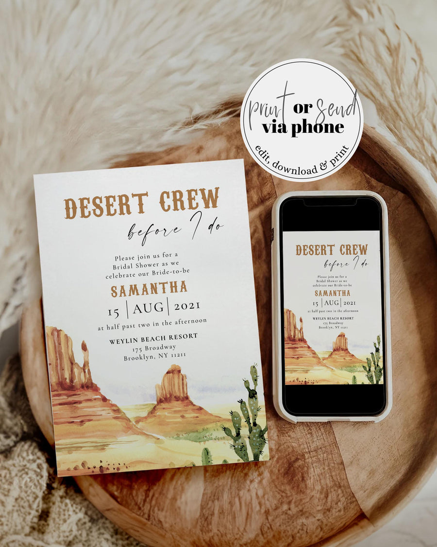 Desert Crew Bachelorette Invitation, Boho Girls Weekend Trip Bridal Shower Template 064AR-BACHINV - marryful.org
