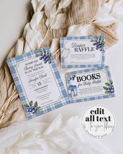 Berry Sweet Blueberry Baby Shower Invitation Berry Baby on the Way Vintage Classic Plaid Printable Baby Boy Shower Invite Template #068 - TheLovebirdsDesign