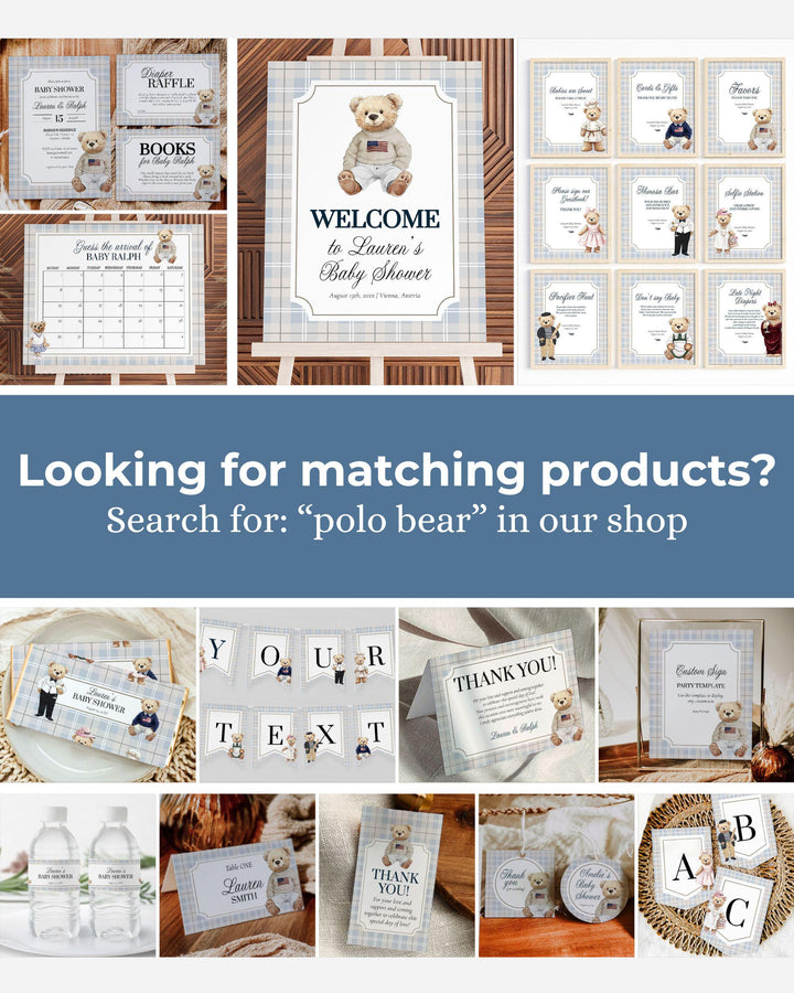 Polo Teddy Bear Baby Shower Bundle for Boys Classic Luxury Baby Blue Bear Baby Shower Invite and Decor Suite Printable Vintage Template #068 - TheLovebirdsDesign