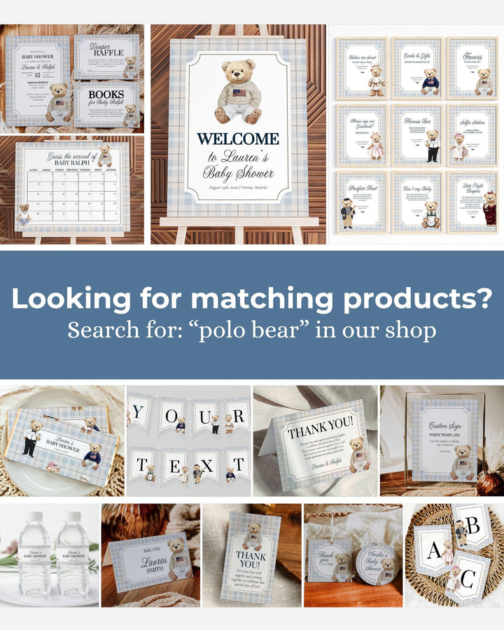 Polo Teddy Bear Baby Shower Welcome Sign Boys Classic Luxury Light Blue Bear Baby Shower Decoration Sign Vintage Plaid Template #068 - TheLovebirdsDesign