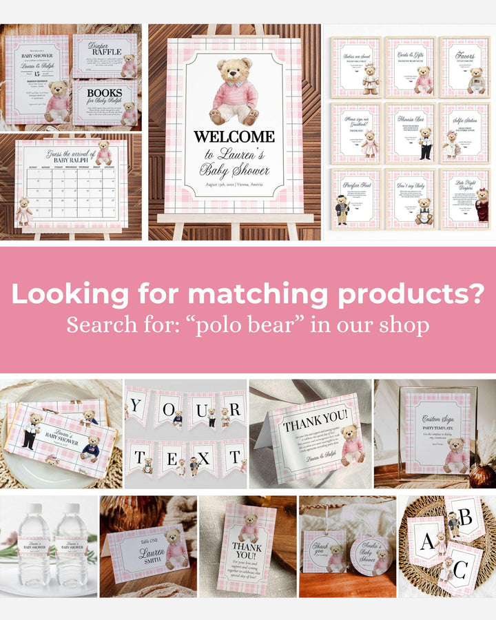 Pink Polo Teddy Bear Guess Baby Arrival Game Sign for Girls Vintage Classic Bear Baby Shower Game Guess Baby Due Date Party Template #068 - TheLovebirdsDesign