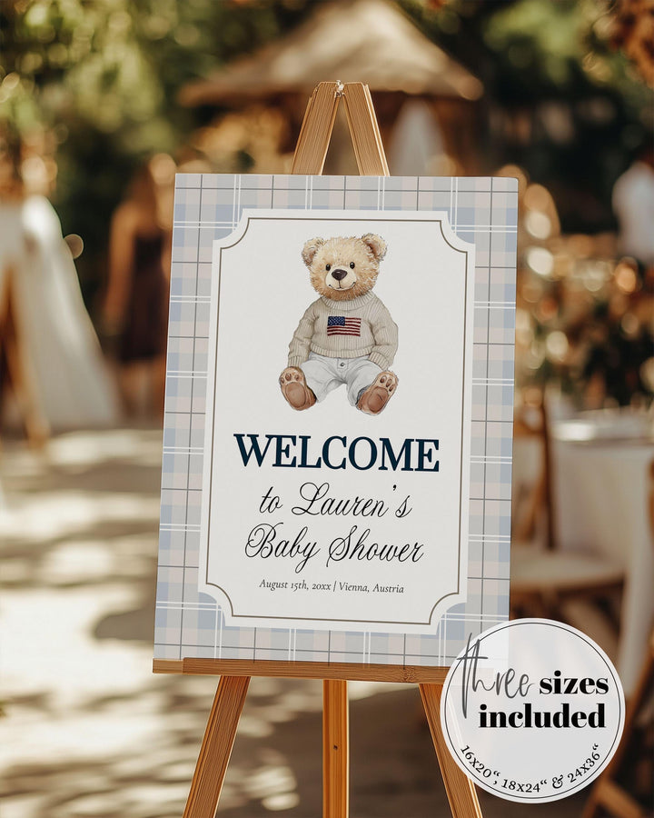 Polo Teddy Bear Baby Shower Welcome Sign Boys Classic Luxury Light Blue Bear Baby Shower Decoration Sign Vintage Plaid Template #068 - TheLovebirdsDesign