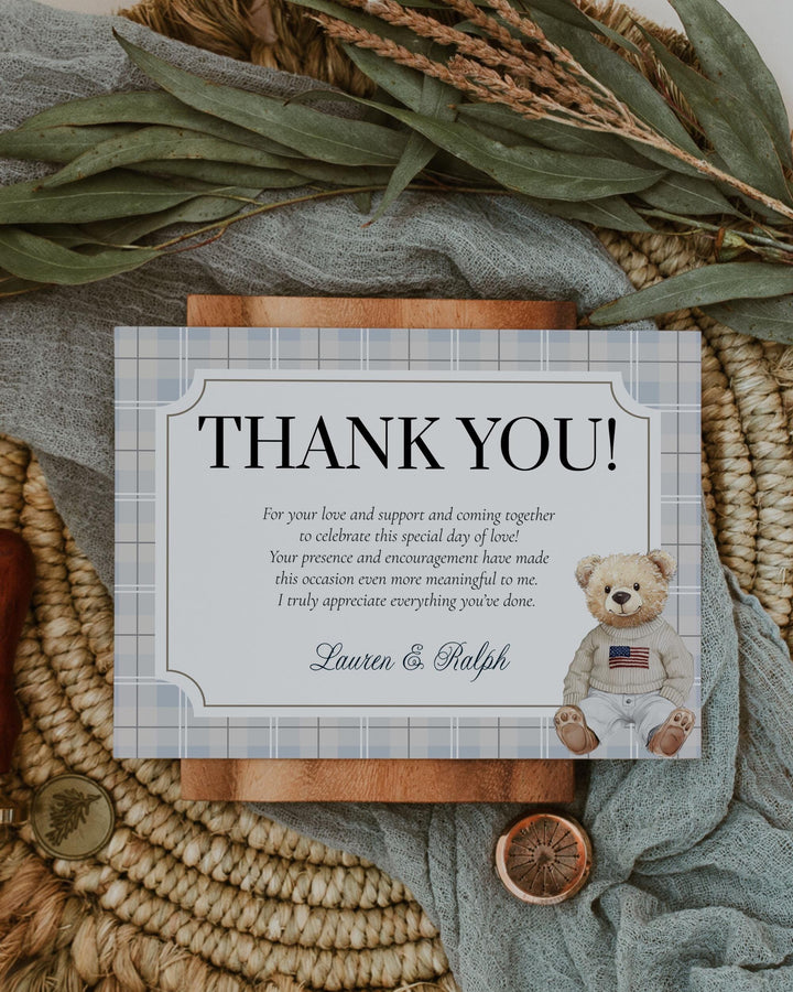 Polo Teddy Bear Baby Shower Thank you Card Boys Classic Vintage Light Blue Bear Baby Shower Guest Thank You Gift Note Template #068 - TheLovebirdsDesign