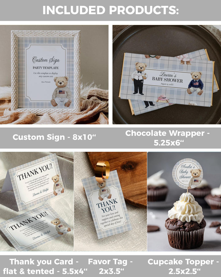 Polo Teddy Bear Baby Shower Bundle for Boys Classic Luxury Baby Blue Bear Baby Shower Invite and Decor Suite Printable Vintage Template #068 - TheLovebirdsDesign