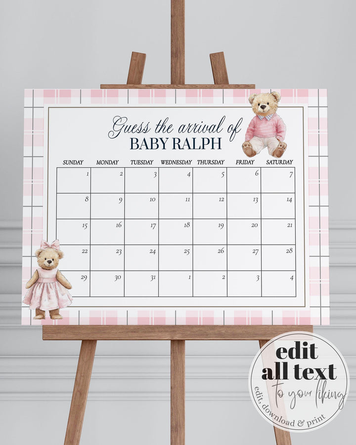Pink Polo Teddy Bear Guess Baby Arrival Game Sign for Girls Vintage Classic Bear Baby Shower Game Guess Baby Due Date Party Template #068 - TheLovebirdsDesign