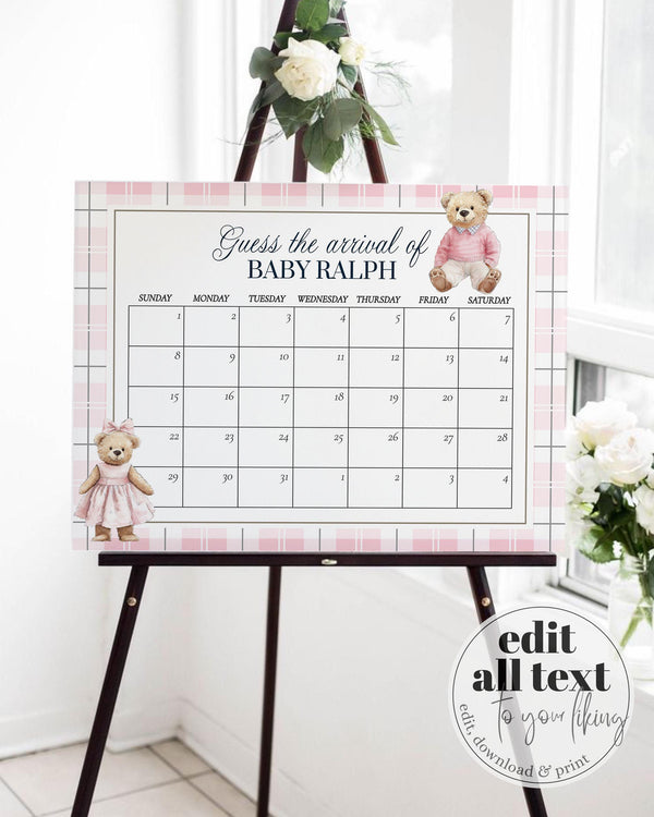 Pink Polo Teddy Bear Guess Baby Arrival Game Sign for Girls Vintage Classic Bear Baby Shower Game Guess Baby Due Date Party Template #068 - TheLovebirdsDesign