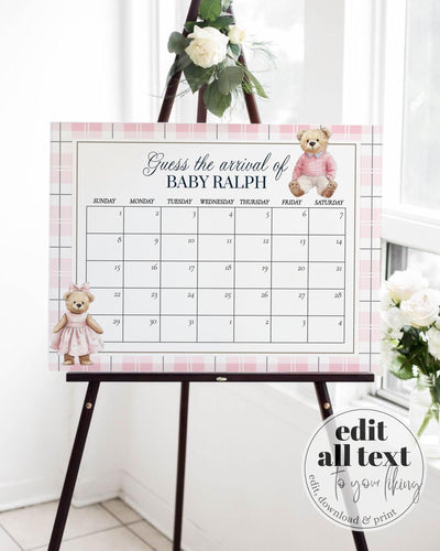 Pink Polo Teddy Bear Guess Baby Arrival Game Sign for Girls Vintage Classic Bear Baby Shower Game Guess Baby Due Date Party Template #068 - TheLovebirdsDesign
