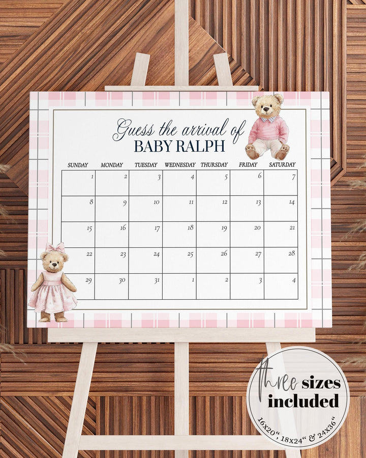 Pink Polo Teddy Bear Guess Baby Arrival Game Sign for Girls Vintage Classic Bear Baby Shower Game Guess Baby Due Date Party Template #068 - TheLovebirdsDesign