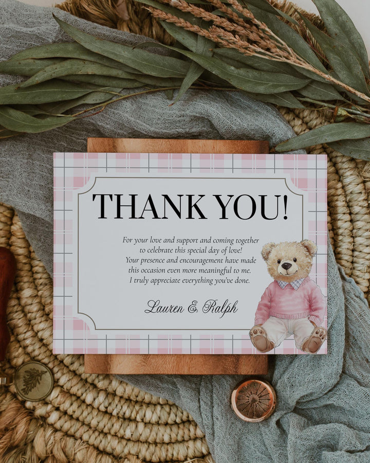 Pink Polo Teddy Bear Baby Shower Thank You Card for Girls Editable Vintage Classic Bear Baby Shower Guest Thank You Note Template #068 - TheLovebirdsDesign
