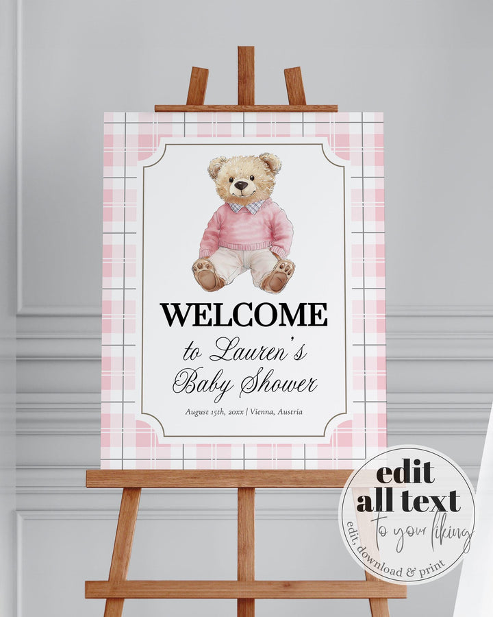 Pink Polo Teddy Bear Baby Shower Welcome Sign for Girls Editable Vintage Classic Bear Baby Shower Decorations Sign Template #068 - TheLovebirdsDesign