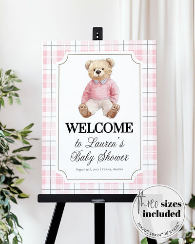 Pink Polo Teddy Bear Baby Shower Welcome Sign for Girls Editable Vintage Classic Bear Baby Shower Decorations Sign Template #068 - TheLovebirdsDesign