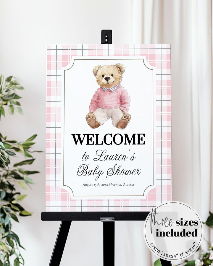 Pink Polo Teddy Bear Baby Shower Welcome Sign for Girls Editable Vintage Classic Bear Baby Shower Decorations Sign Template #068 - TheLovebirdsDesign