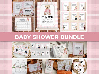 Pink Polo Teddy Bear Baby Shower Bundle for Girls Editable Vintage Classic Ralph Bear Baby Shower Invite and Decor Template Bundle #068 - TheLovebirdsDesign