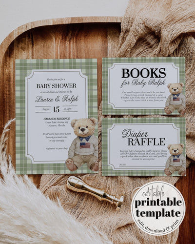 Green Plaid Teddy Bear Baby Shower Invitation, Preppy Vintage Bear Template 068GR - marryful.org